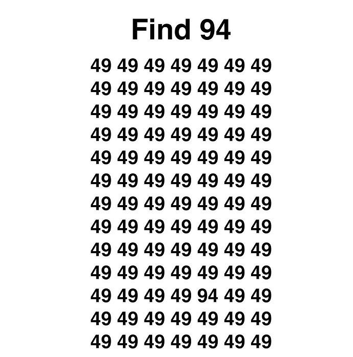 面对满屏的“49” ，你是如何集中注意力，快速捕捉到“94”的呢？三十秒之内！