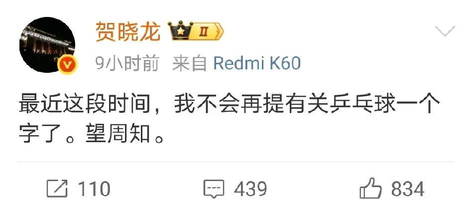 奇怪！贺晓龙和杜立言同一时间发文：接下来的一段时间，我都不会再提乒乓球了。
贺晓