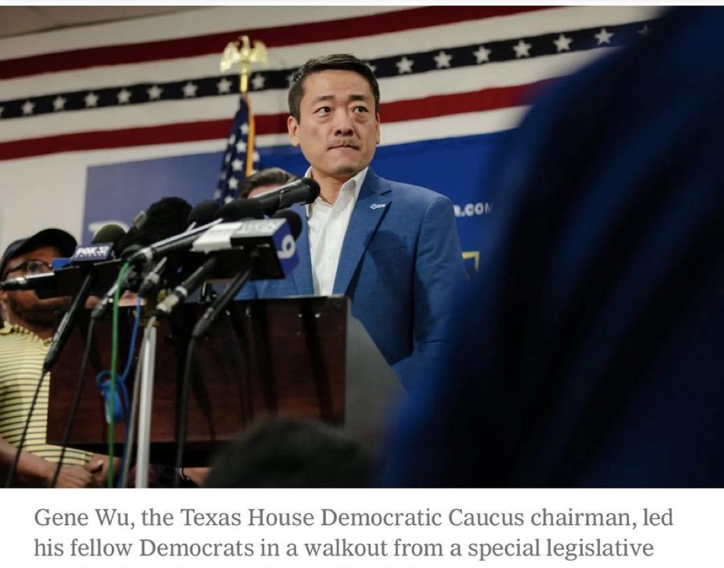 带领得克萨斯民主党州众议员离开得克萨斯的得州众议院民主党领袖吴元之Gene Wu