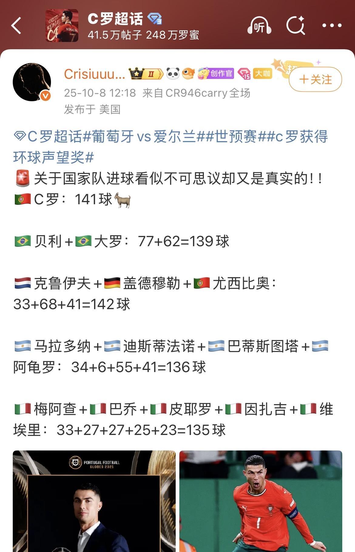 关于国家队进球，看似不可思议却又是真实的知识。
C罗：141球。
贝利+大罗：7