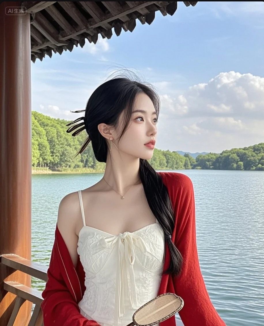 她站在湖边，像一首被风吹散的词