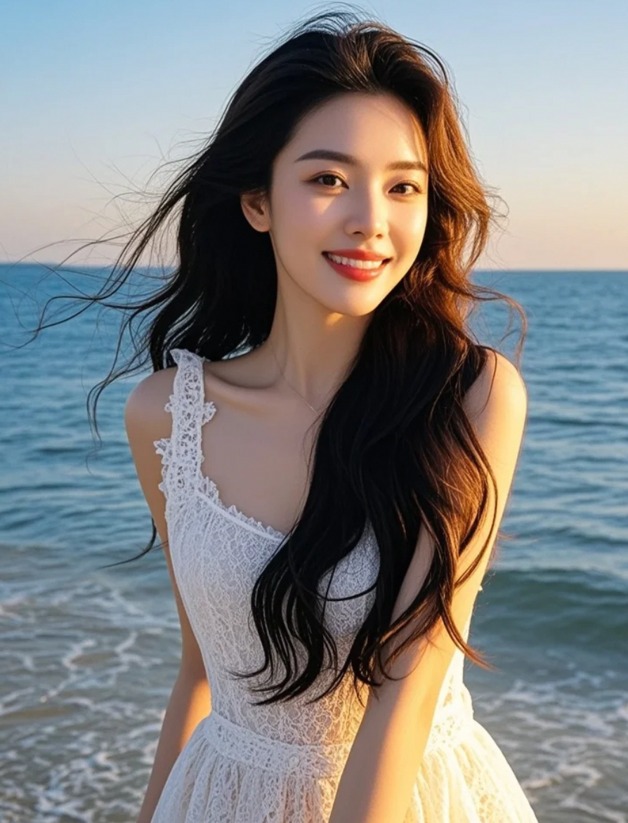 海浪低语，裙角飞扬，她与暮色融为一体