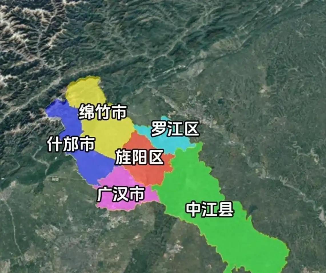 中江县确实很大，几乎就占了德阳的半壁江山
细看一下，德阳的面积虽然不大，但布局还