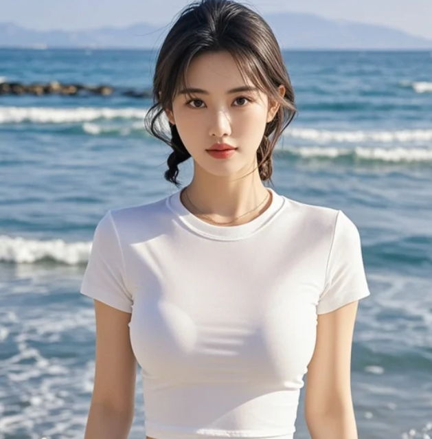 海浪拍打着岸边，她的背影让人流连忘返。