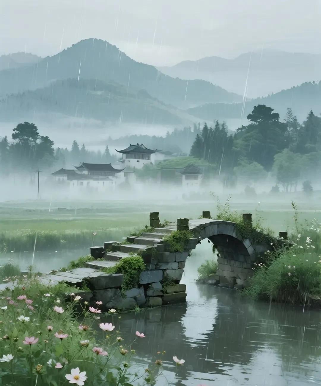 #下联：山寺夜雨垂地浇，求上联#
上联：江村暮霭绕林飘。