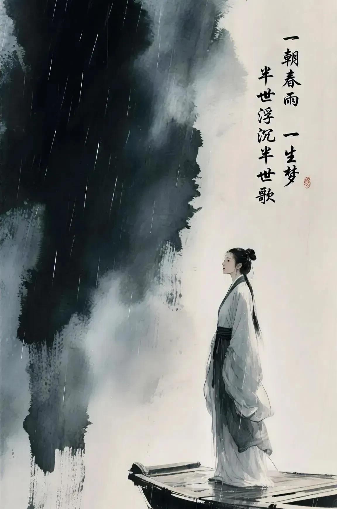 大雨滂沱 
天空尽显晦暗
她孤立船角 思念无果
目之所及 皆是远方
她已无力反驳