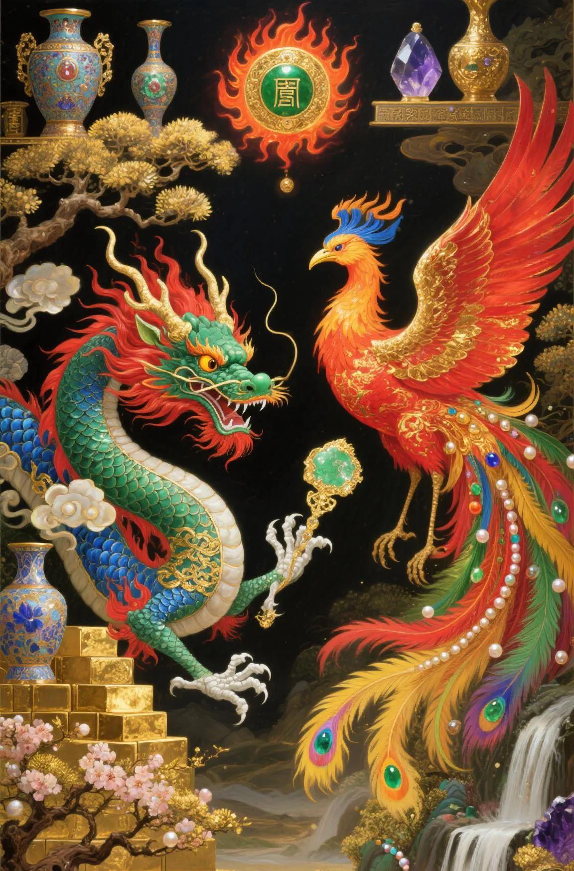龙凤呈祥好运长，福禄寿喜全来降。龙舞九霄携瑞气，凤栖梧桐兆吉昌。
龙凤腾飞岁月甜
