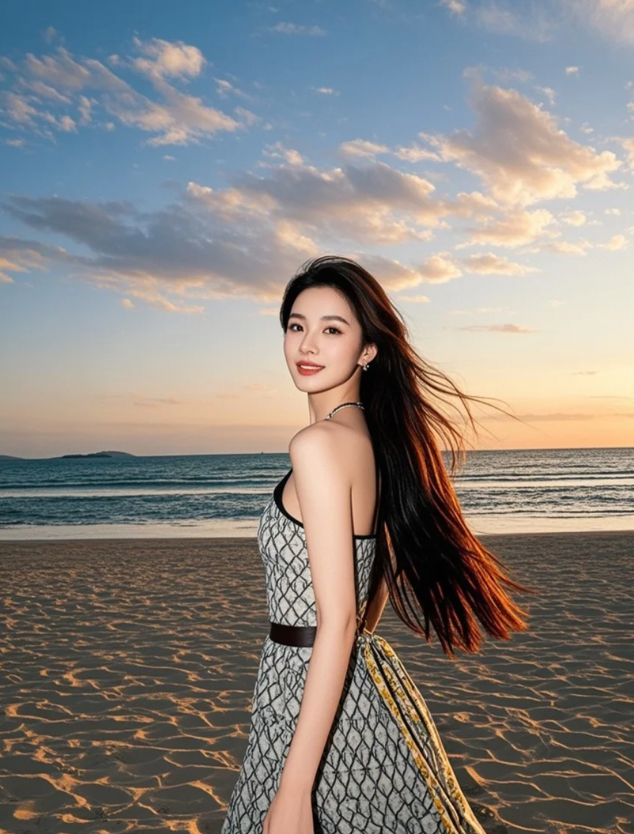 明艳唇色在海天幕布下，绽放自信光芒