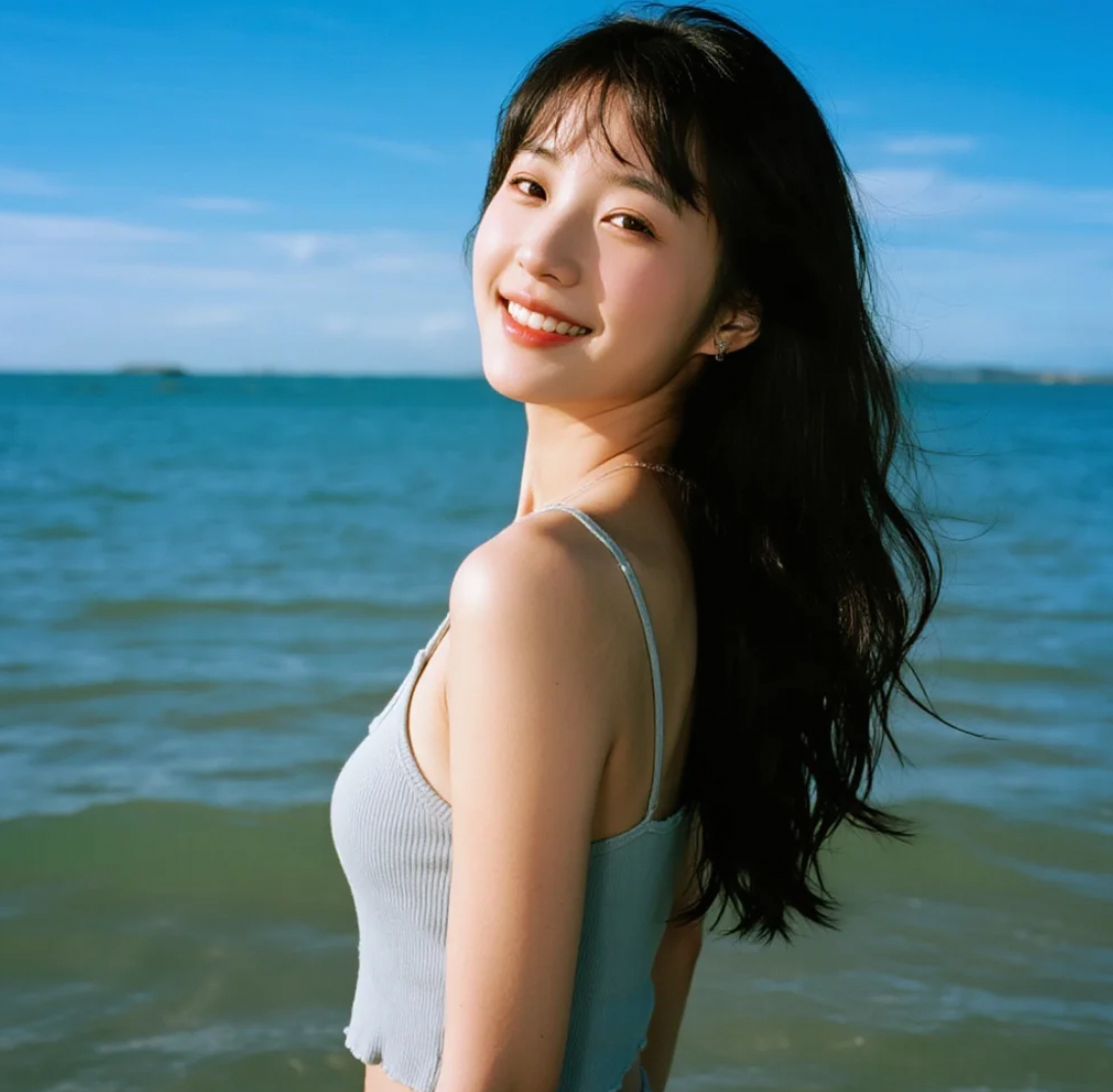 海浪轻拂，她的背影美得刚刚好