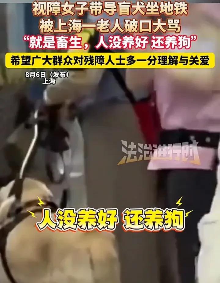 有些老人是真的不值得尊重！8月6日，上海一处地铁站内，一名视障女子带着导盲犬乘坐