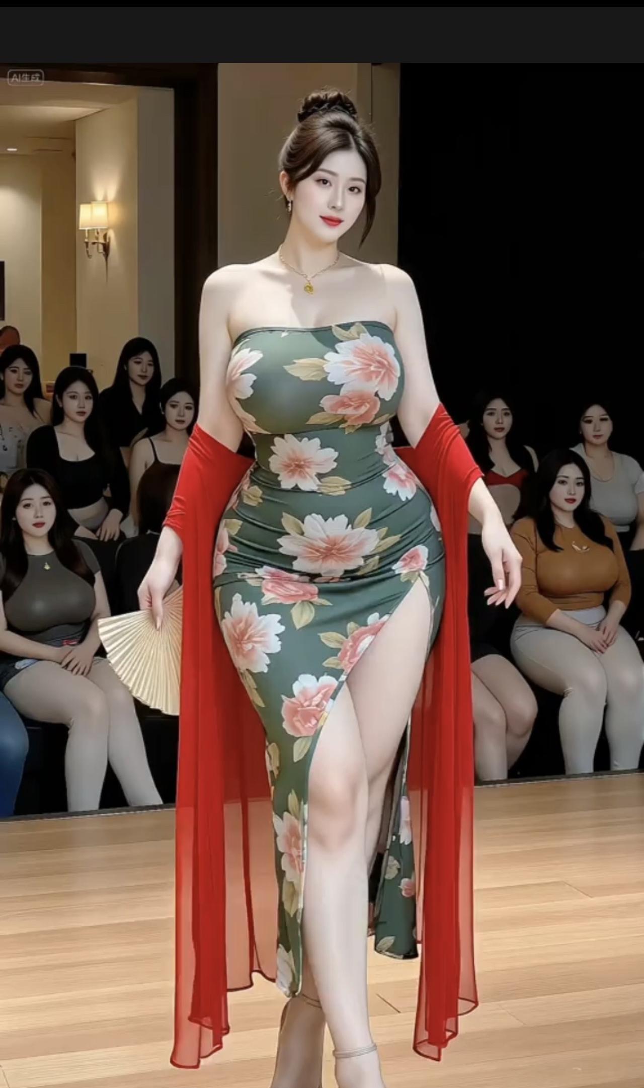 T台之上，她如带露牡丹绽放。墨绿花裙裹着风情，红纱披肩添了热烈，折扇轻摇间，将东