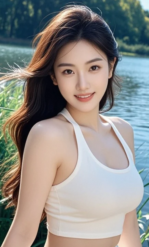 湖边甜梦轻开启，女生拍照萌如蜜