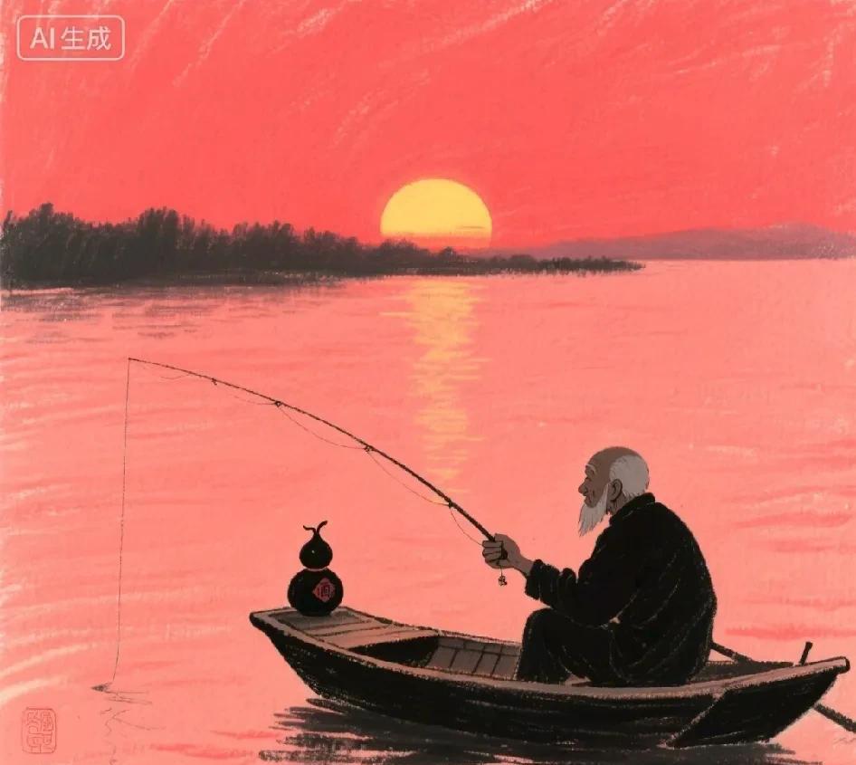 夕阳余晖 
红光布满天
一位老翁独坐船头醉
葫芦里装满了酒 
也稳站船头
湖面波
