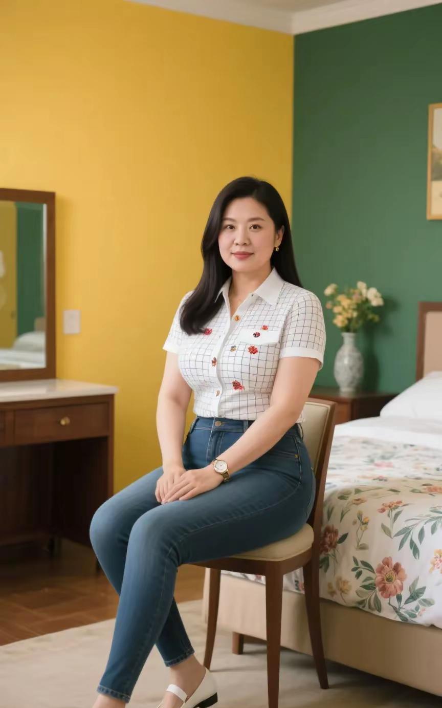 七律·端庄之美
室静墙分黄与绿，椅轻人坐意悠然。
格衫绣朵添生气，牛仔裁身显逸颜