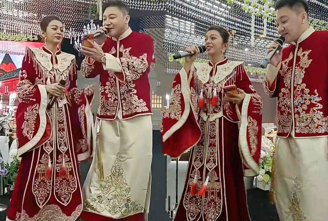 谈莉娜跟素人老公在佳木斯举办婚礼，两人身穿红色中式喜服，一起给嘉宾献唱，素人老公