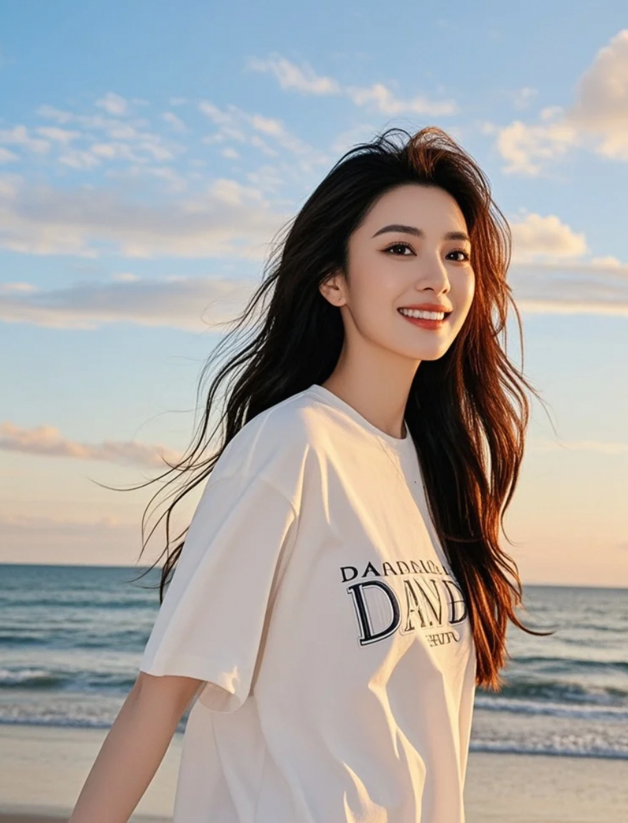 她踩着细沙缓缓前行，T恤随风轻摆，精致妆容在晚霞中熠熠生辉