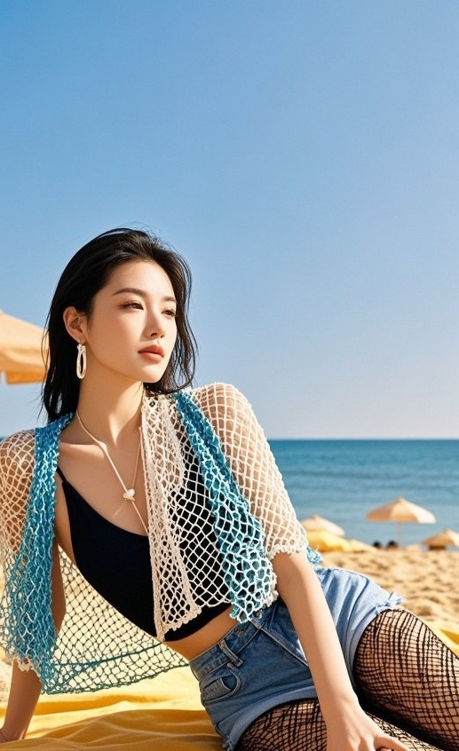 娇俏佳人踏浪，海风轻抚秀发