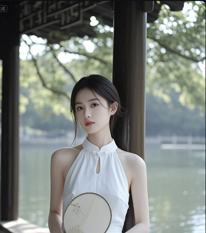她站在湖边，像一场未醒的梦