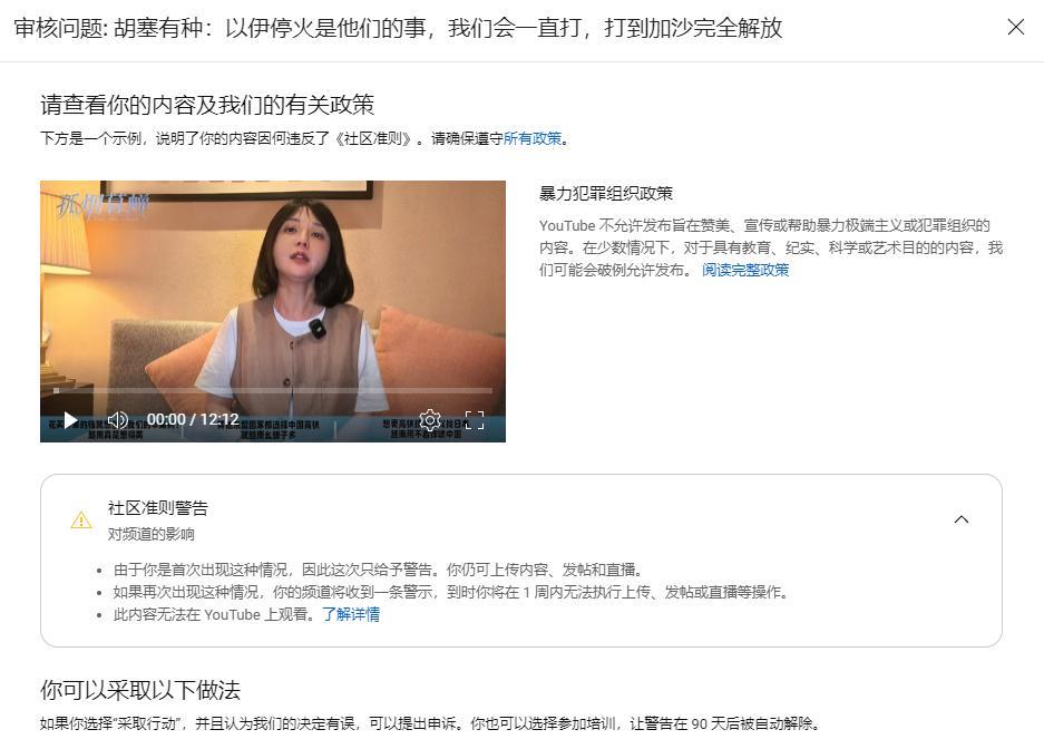 “YouTube不允许发布旨在赞美、宣传或帮助暴力极端主义或犯罪组织的内容。”呵