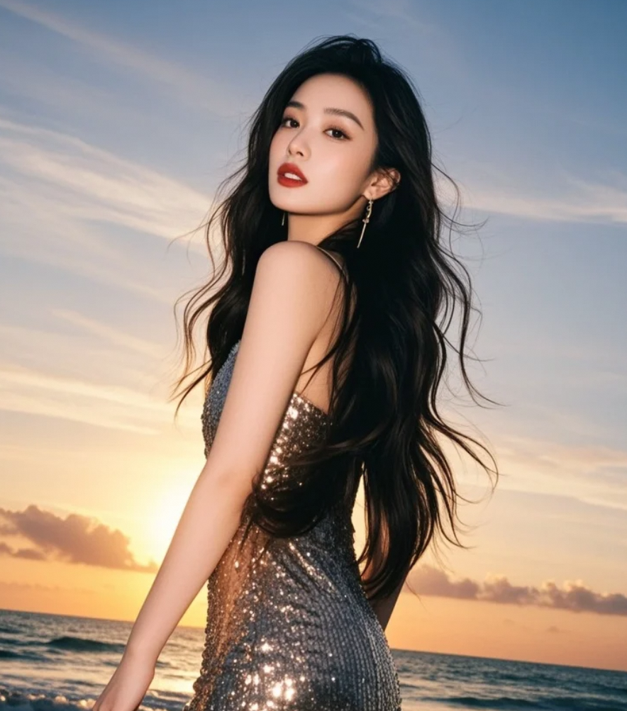 她的发丝在海风中散开，像一幅未完成的油画