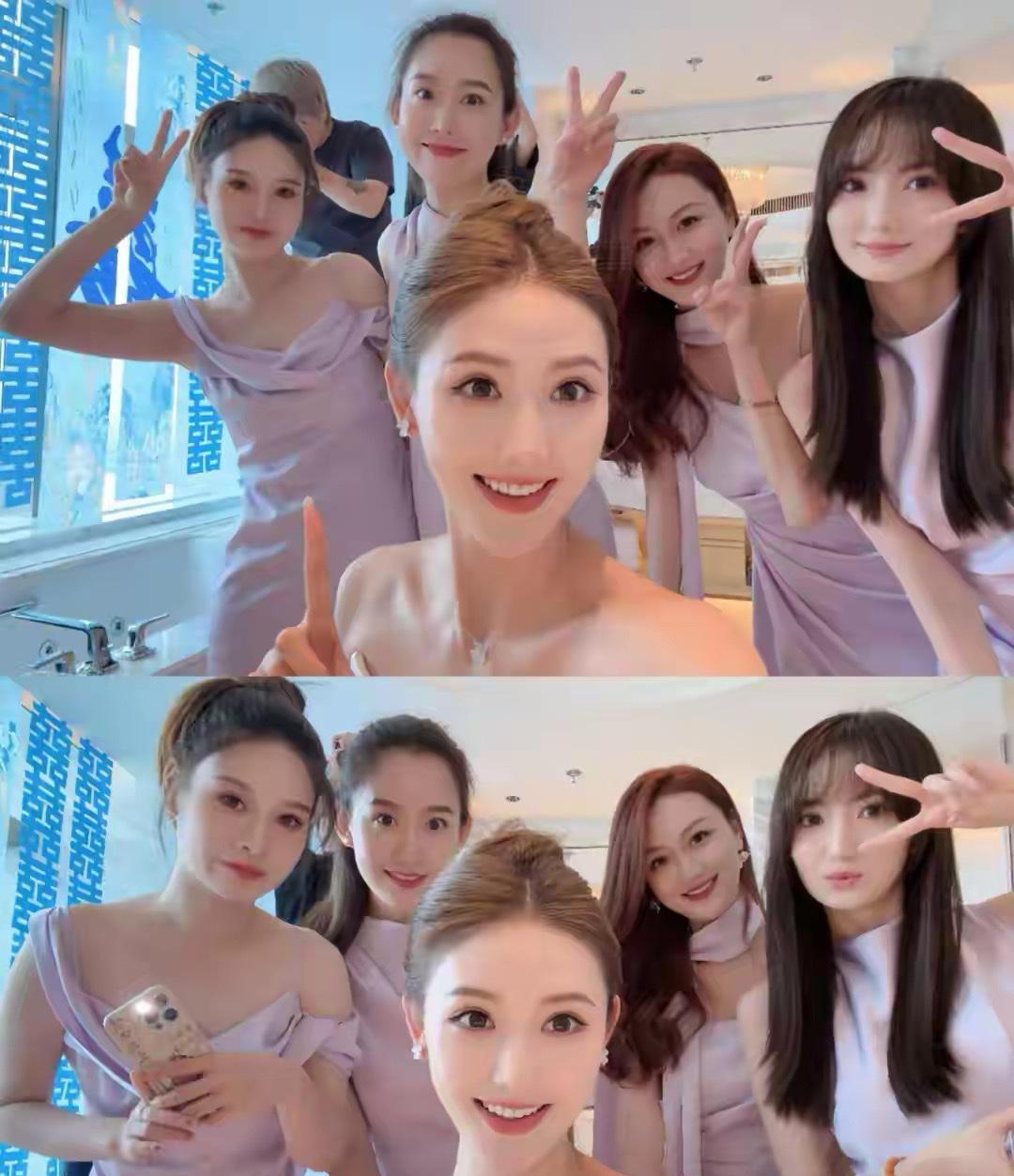 8月3日，李丹儿大方分享伴娘团美照，瞬间吸引众人目光。四位美女身着淡紫色伴娘服，