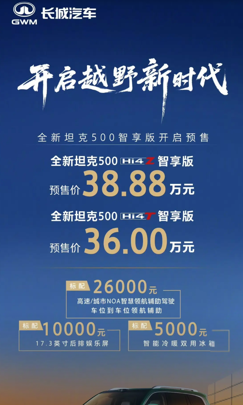 36万！新坦克500价格出来了！

今天晚上，一直让魏建军引以为傲的坦克500系
