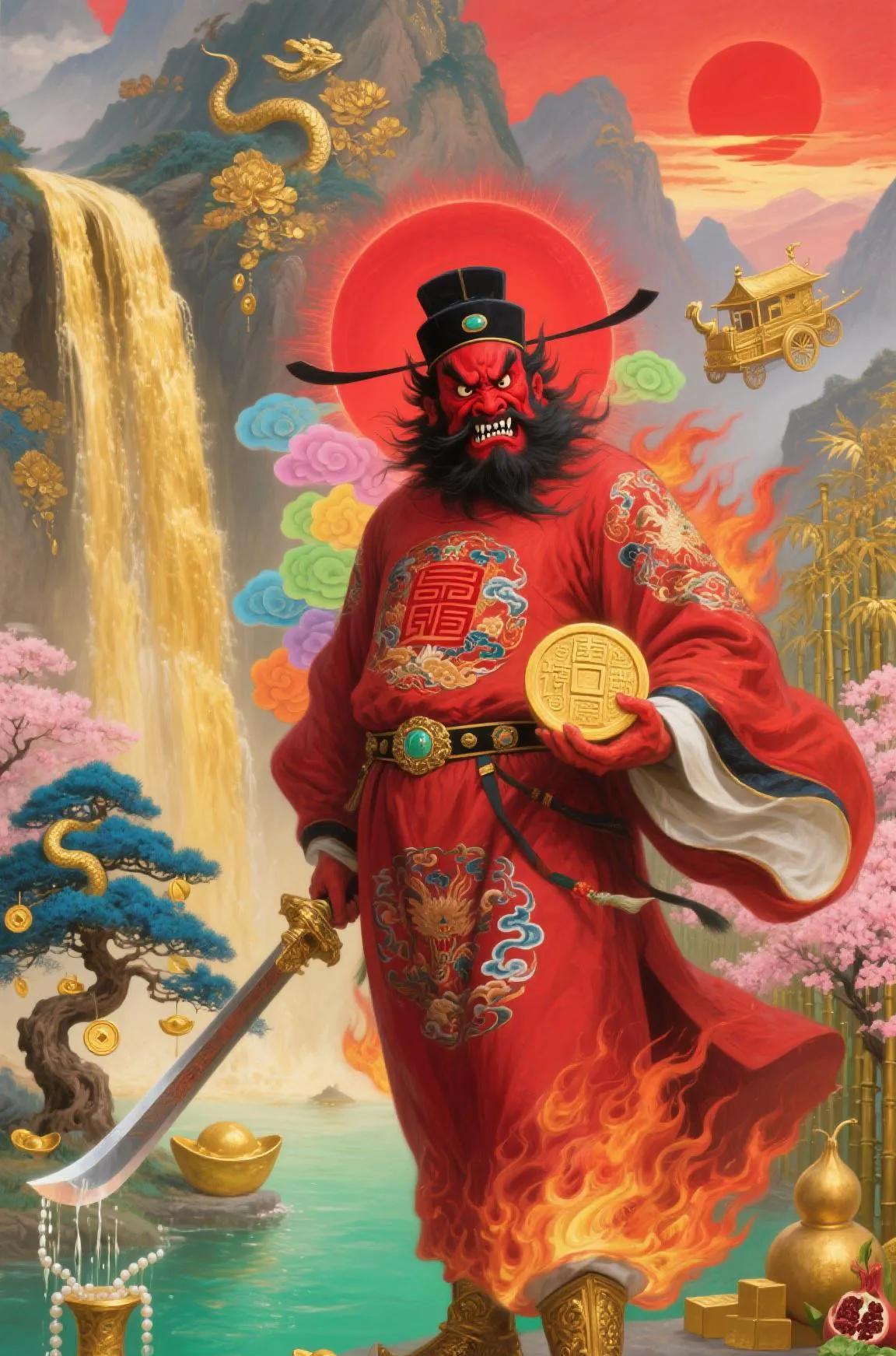 铜头铁面威风展，金睛火眼妖魔颤，手持宝剑斩邪祟，腰挂葫芦纳平安。
门神护院他站岗