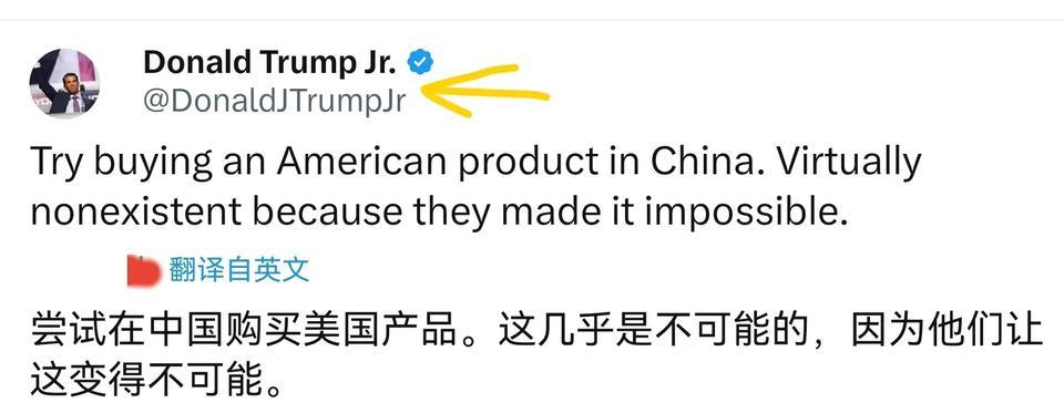 特朗普大儿子发帖说在中国根本买不到美国货——暗示中国市场对美国来说，和越南类似，
