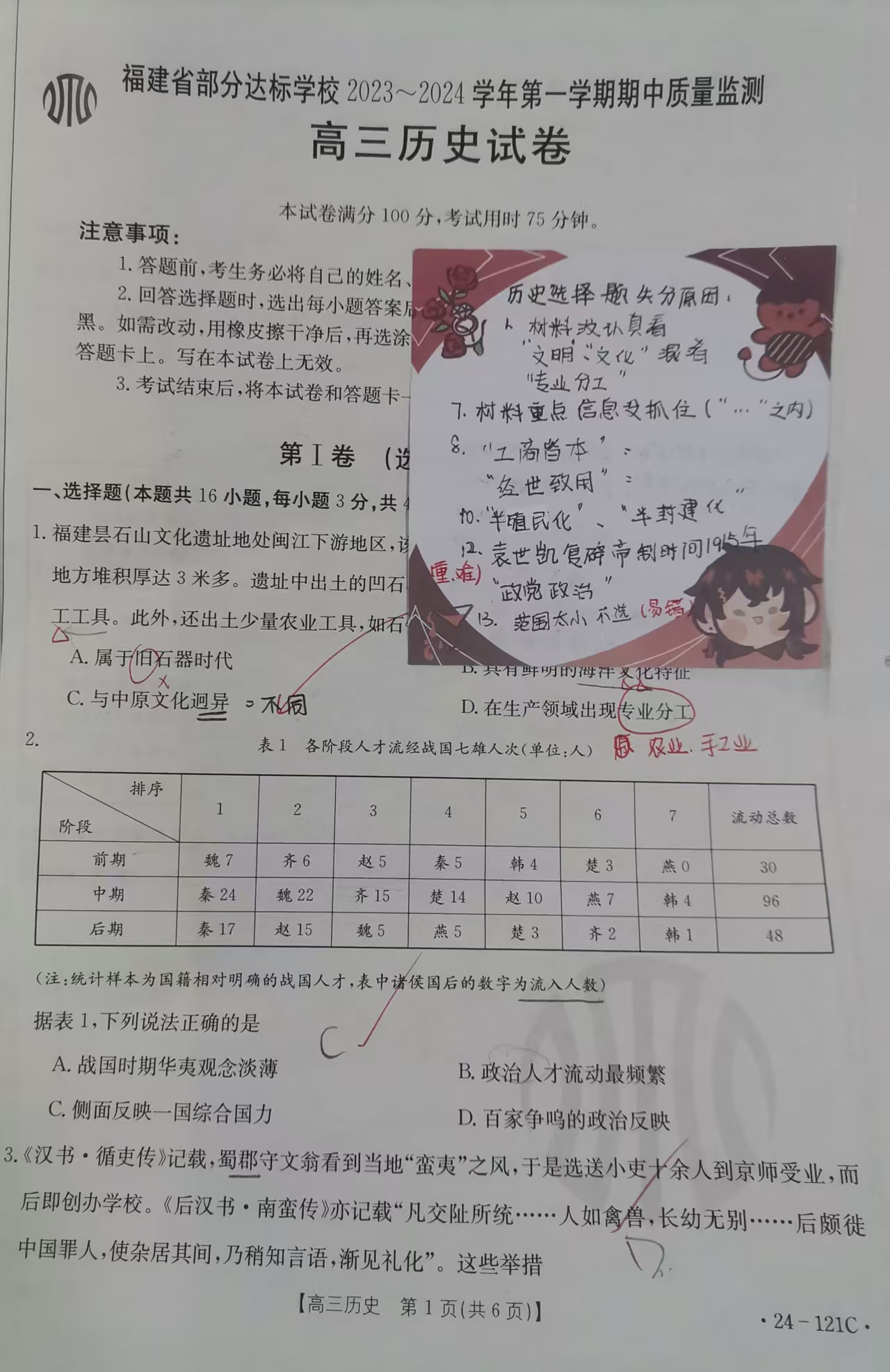 高三历史试卷涵盖石山文化、战国人才流动及文翁教化举措等内容，好多是超纲的，就是历