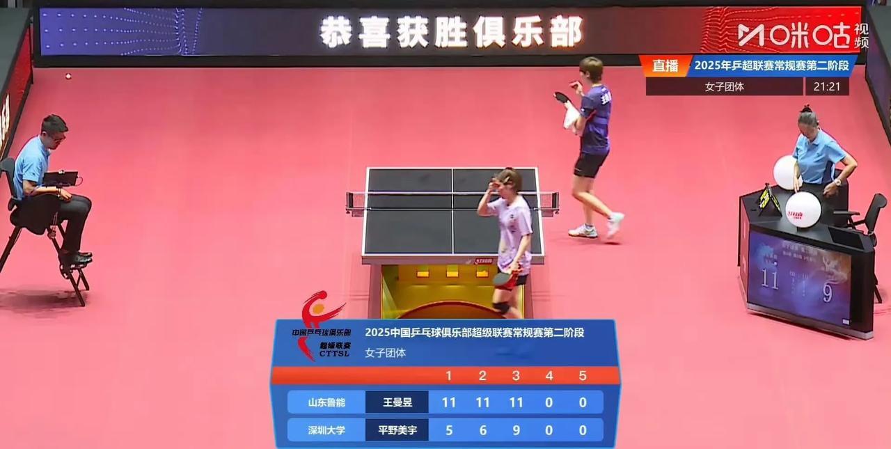 2025乒超联赛第二阶段女子团体：
山东鲁能三比一深圳大学 王曼昱两分
陈幸同钱