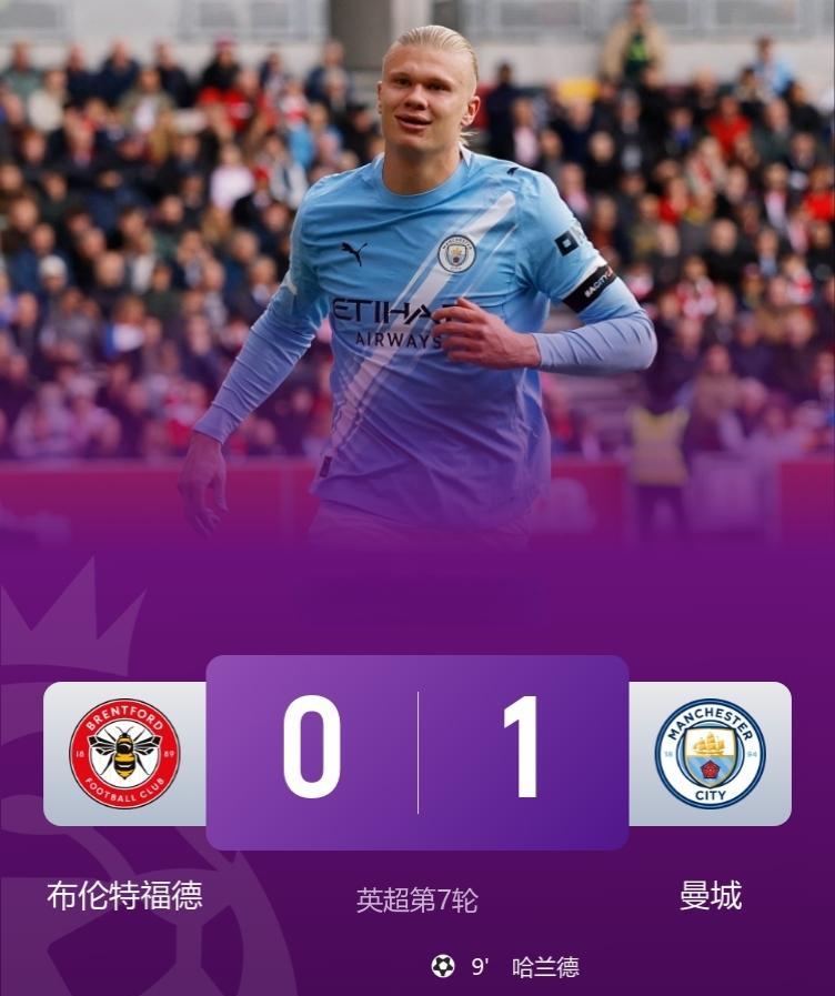 曼城1-0险胜布伦特福德，英超4轮不败升至第5！
此役，哈兰德破门，以9球领跑英