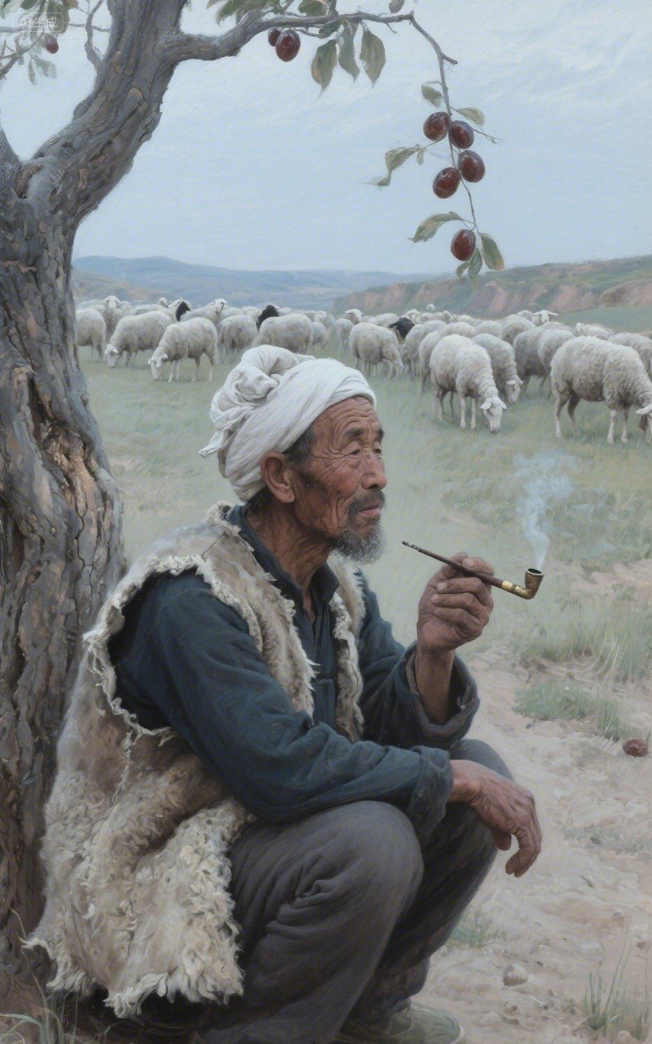 《陕北的老羊倌》
陕北的老羊倌，是黄土地上的一道剪影。他头戴白羊肚手巾，身着毛皮