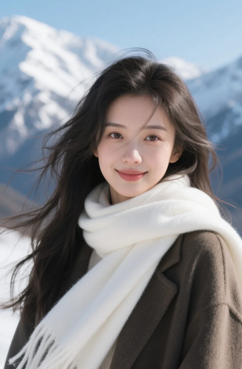 她站在雪顶，仿佛与天地对话