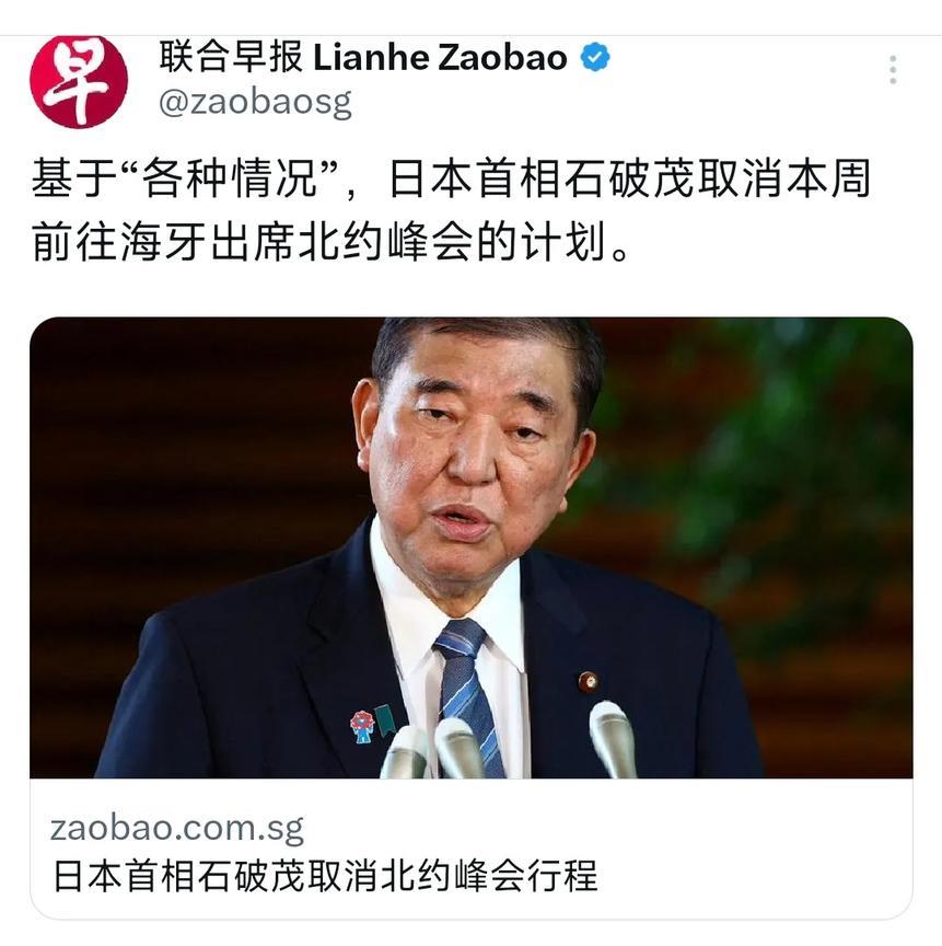 外媒今晚（6月23日晚）报道：“基于‘各种情况’，日本首相石破茂取消本周前往海牙