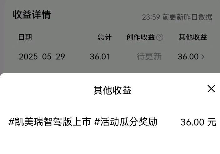 今天收到这个汽车征文瓜分奖算少的了，一般都是50左右，这才36元。
凯美瑞智驾版