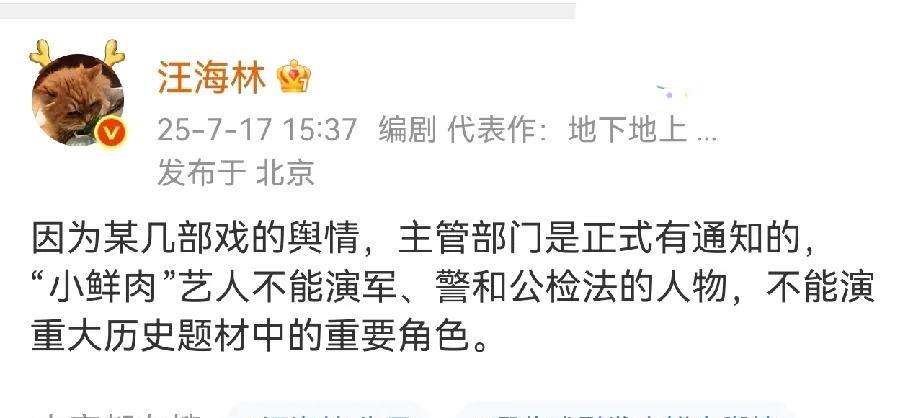 汪海林说，以后小鲜肉都不演军人了，历史重大人物也不能演。
但是没说对小鲜肉的定义