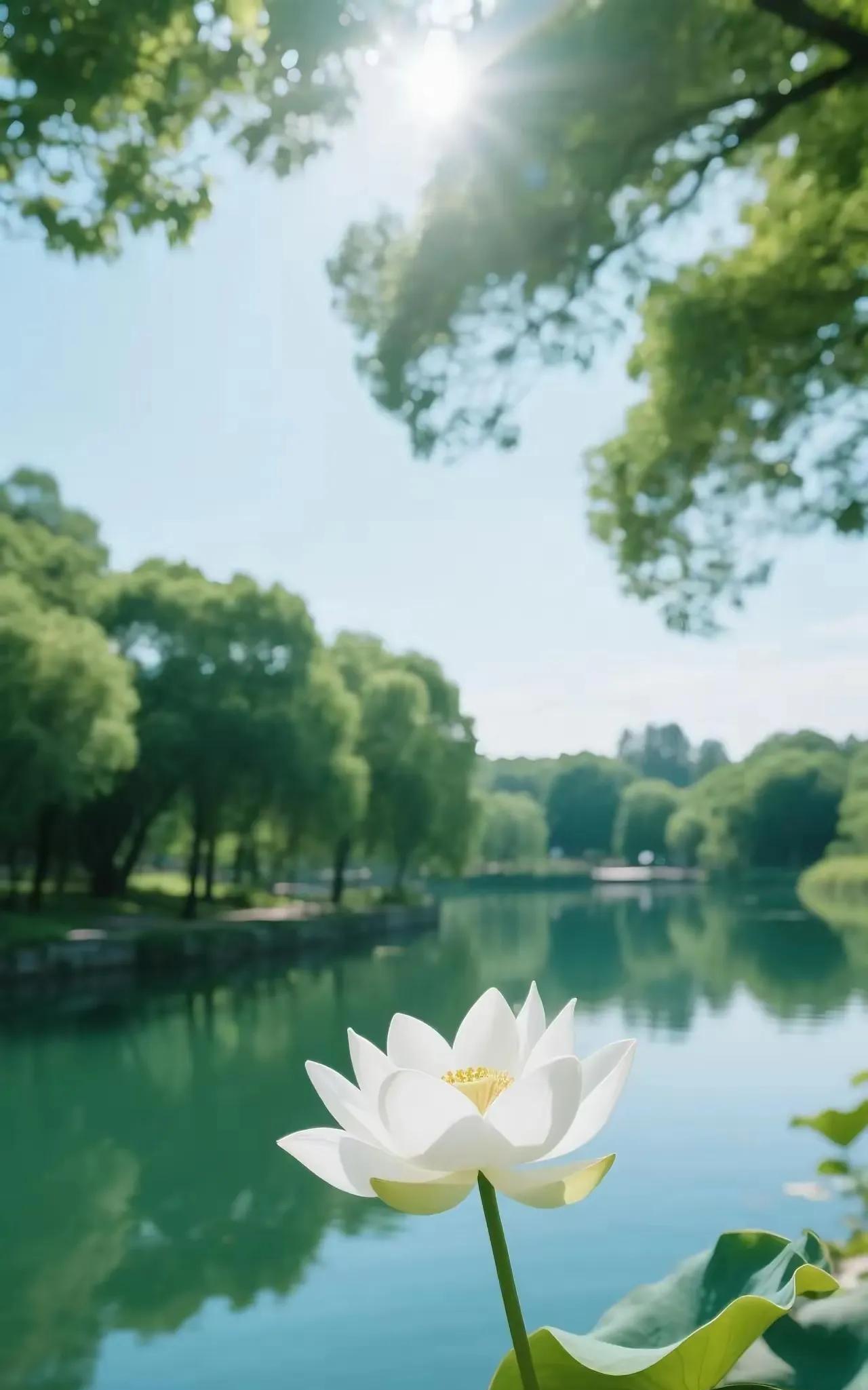 夏日荷塘，白莲盛开，阳光洒落，静谧美好。