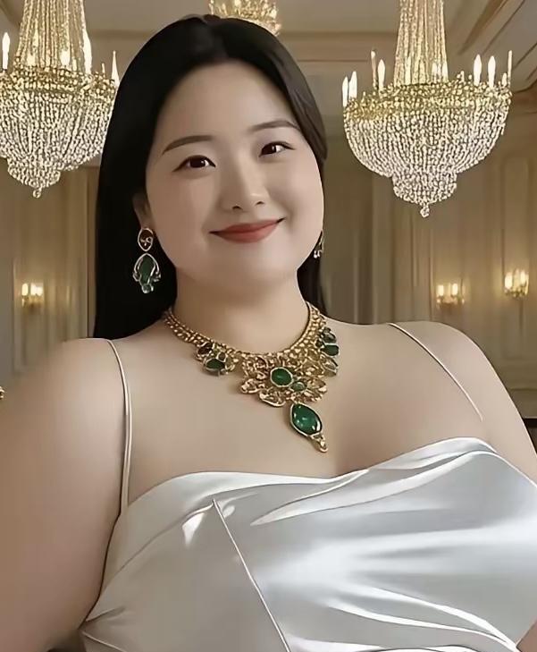 七律.胖姑娘
一袭白衫映华堂，翠玉金链闪光芒。
镜前常叹腰肢壮，宴里犹惊裙摆慌。