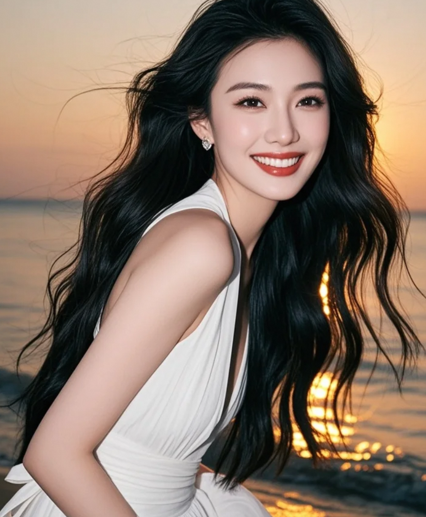 橙红的海，雪白的裙，和一个被晚风吻过的侧脸