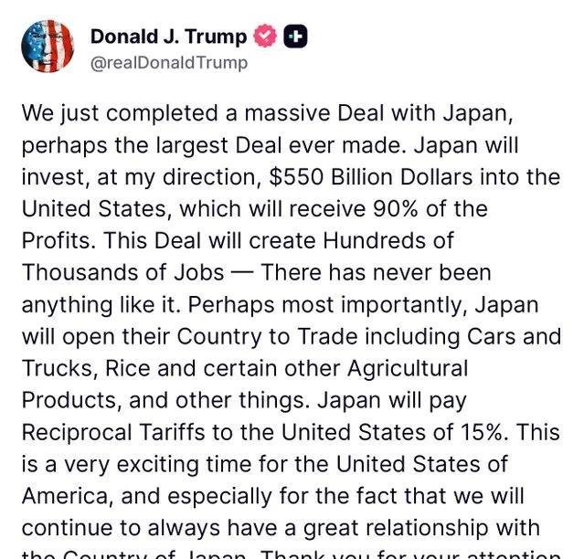 特朗普签署日本“卖身契”，恐致日本一病不起
环球时报等7月22日报道，特朗普发文