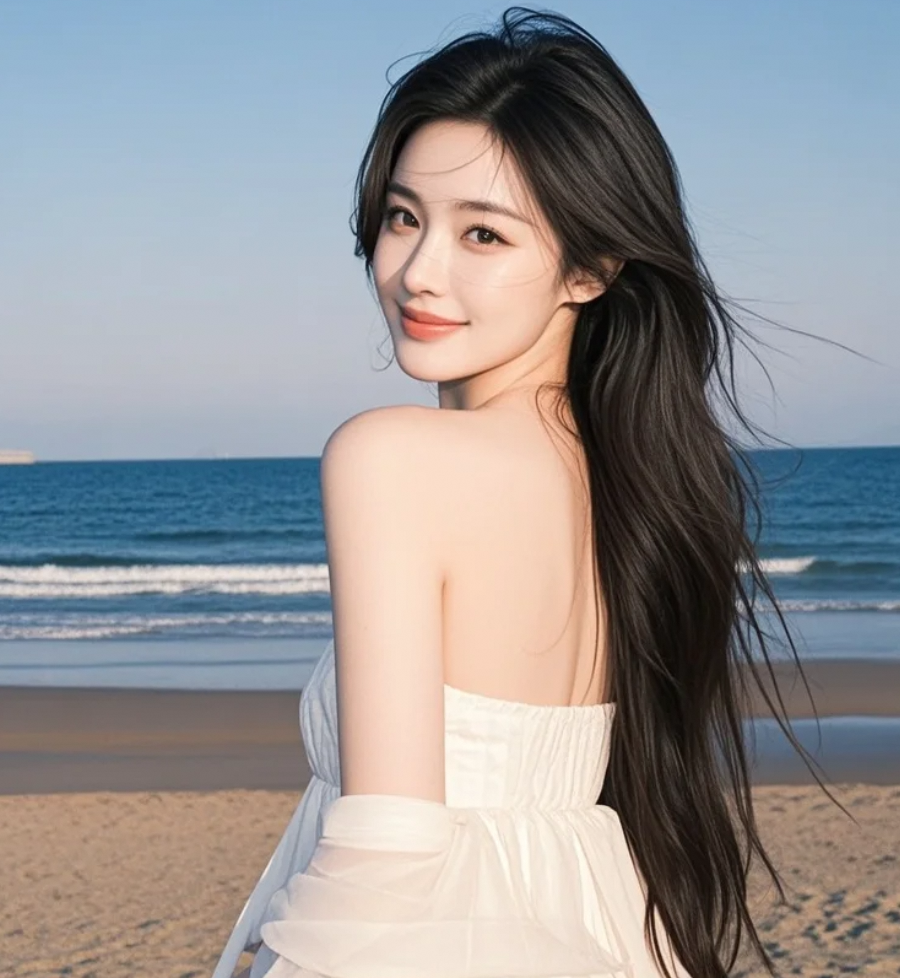 阳光沙滩上，长发少女的优雅姿态充满艺术美感