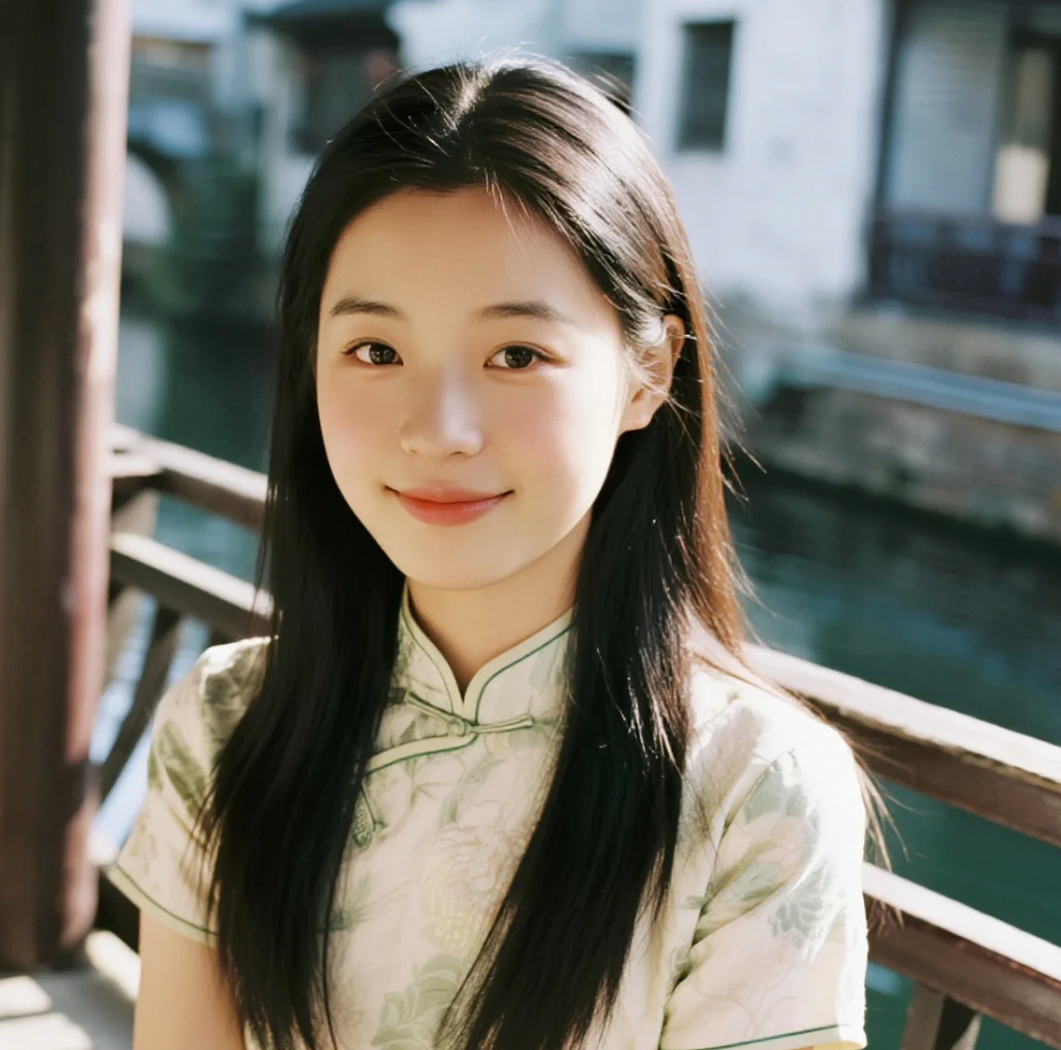 她在江南的风景里，以甜美微笑迎接每个瞬间。