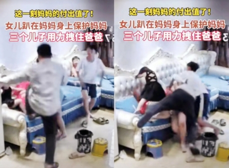 河北，丈夫当着4个孩子面打妻子，
妻子拼命反抗，
却还是被扑倒，可就在这时，
