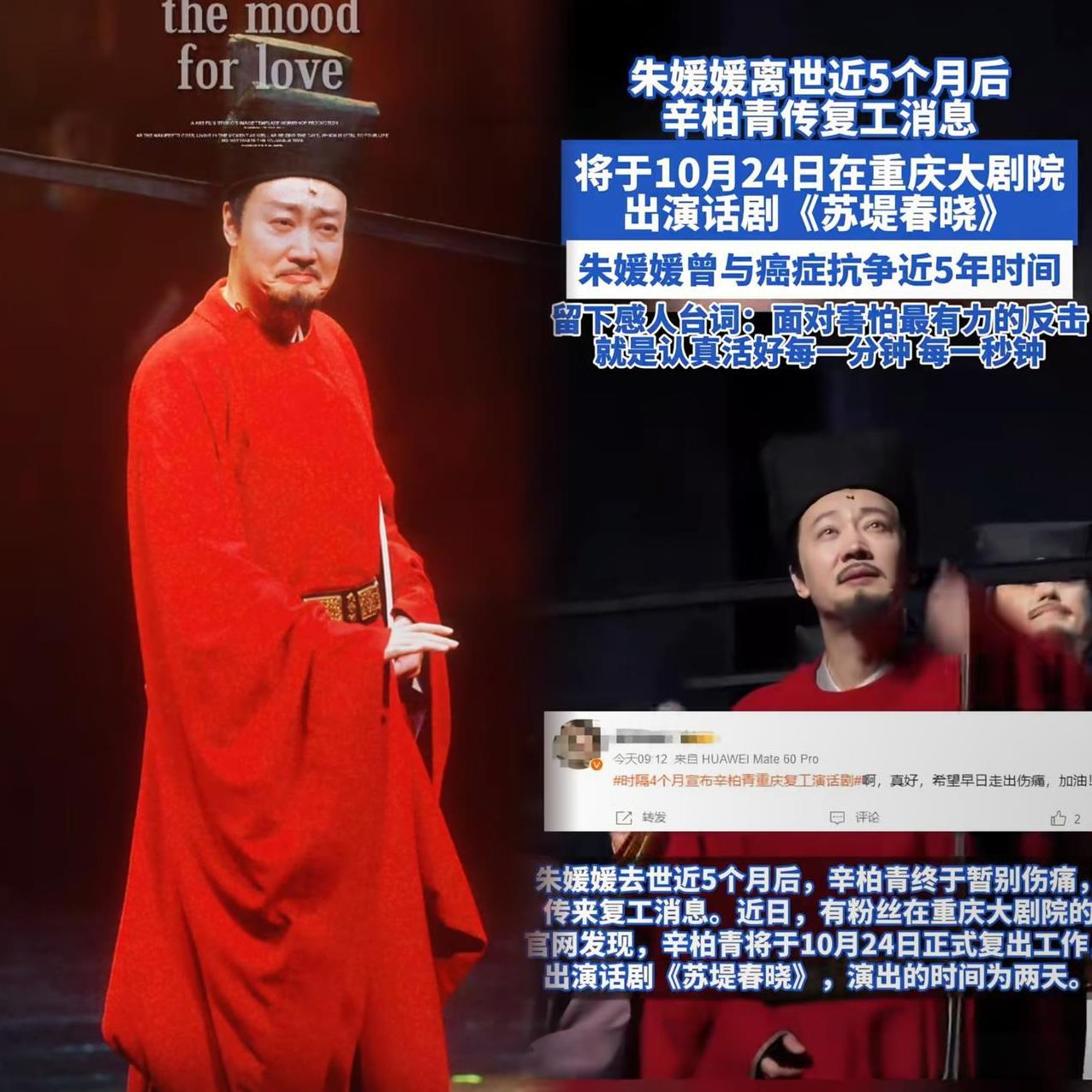 #你会去看辛柏青出演的话剧《苏堤春晓》吗# #朱媛媛离世近5个月后 辛柏青将复工