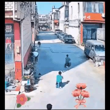 野猪进村，三个孩子在路上玩，年龄稍大的孩子匆匆跑进屋里躲避。野猪从两名骑着儿童脚