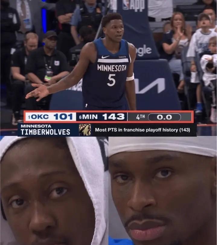 #NBA# 森林狼143-101大胜雷霆，系列赛1-2落后对手。看了今天的比赛其