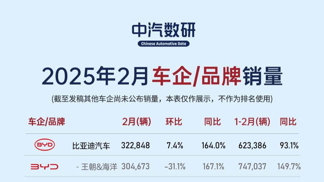 2025年2月汽车销量（比亚迪、吉利、奇瑞、长城、小鹏、理想、零跑、鸿蒙智行、埃安、小米、深蓝、蔚来、岚图、智己...）