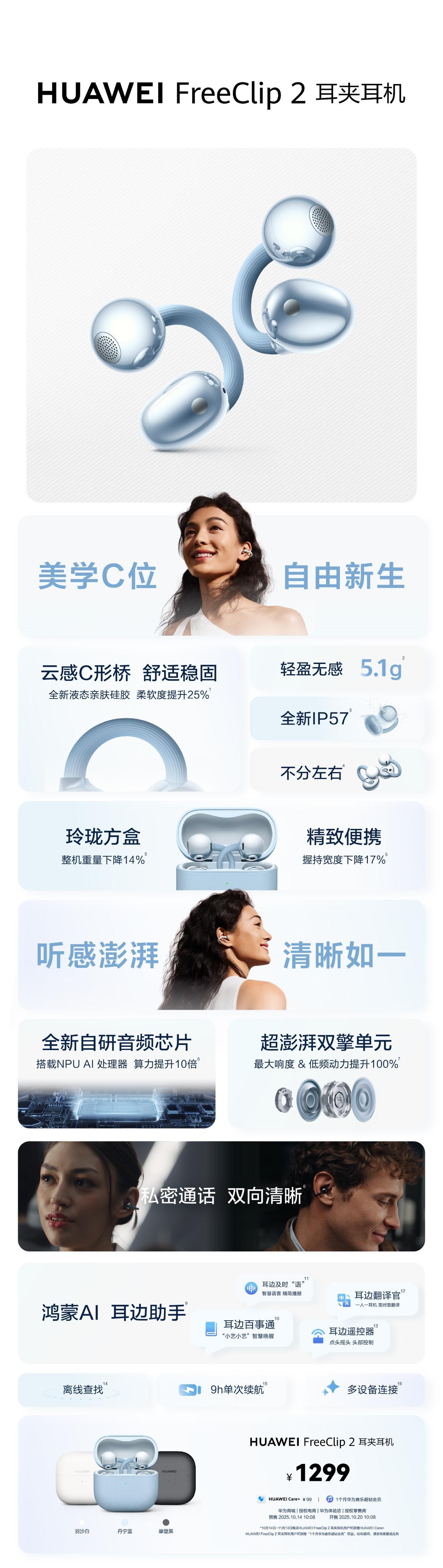 一张图带你了解#华为FreeClip# 2 耳夹耳机。全新云感C形桥，舒适再进阶