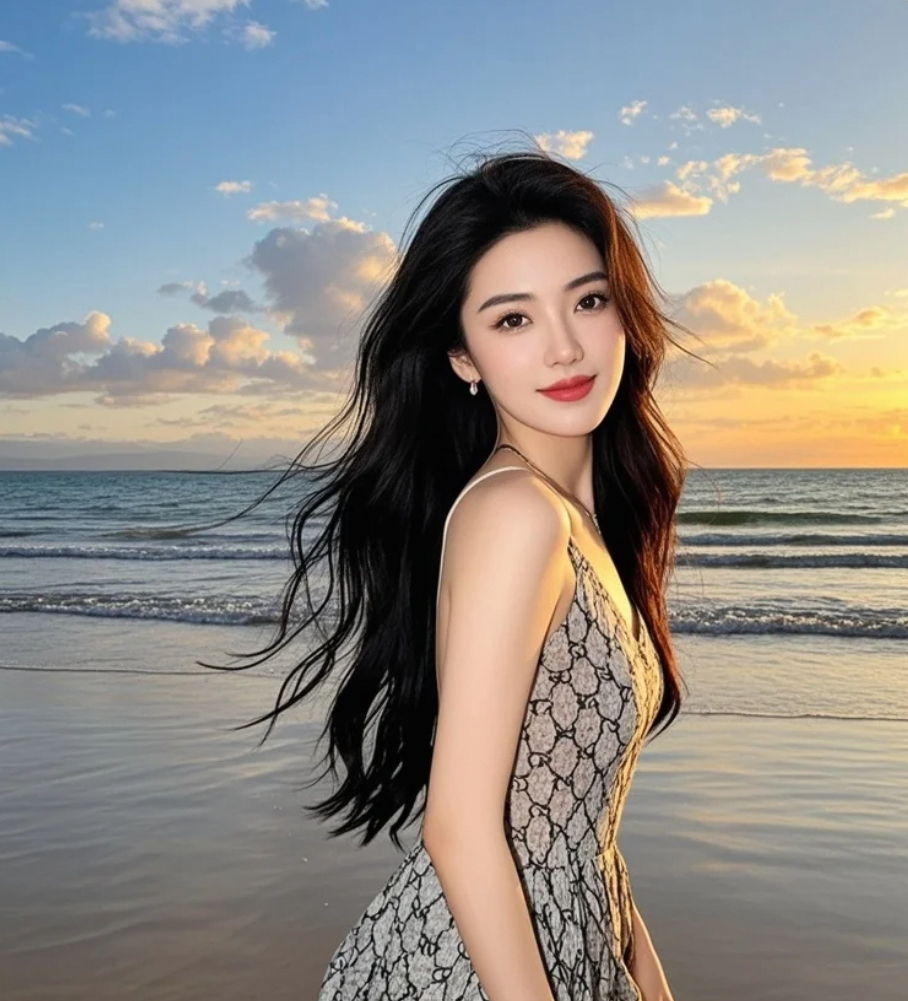 发丝缠绕着海风，裙摆追逐着光影