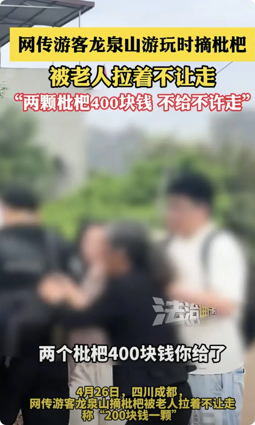 游客摘了果园两颗枇杷，被村民发现后拉着不让走，要游客赔付400块钱才放人！近日，